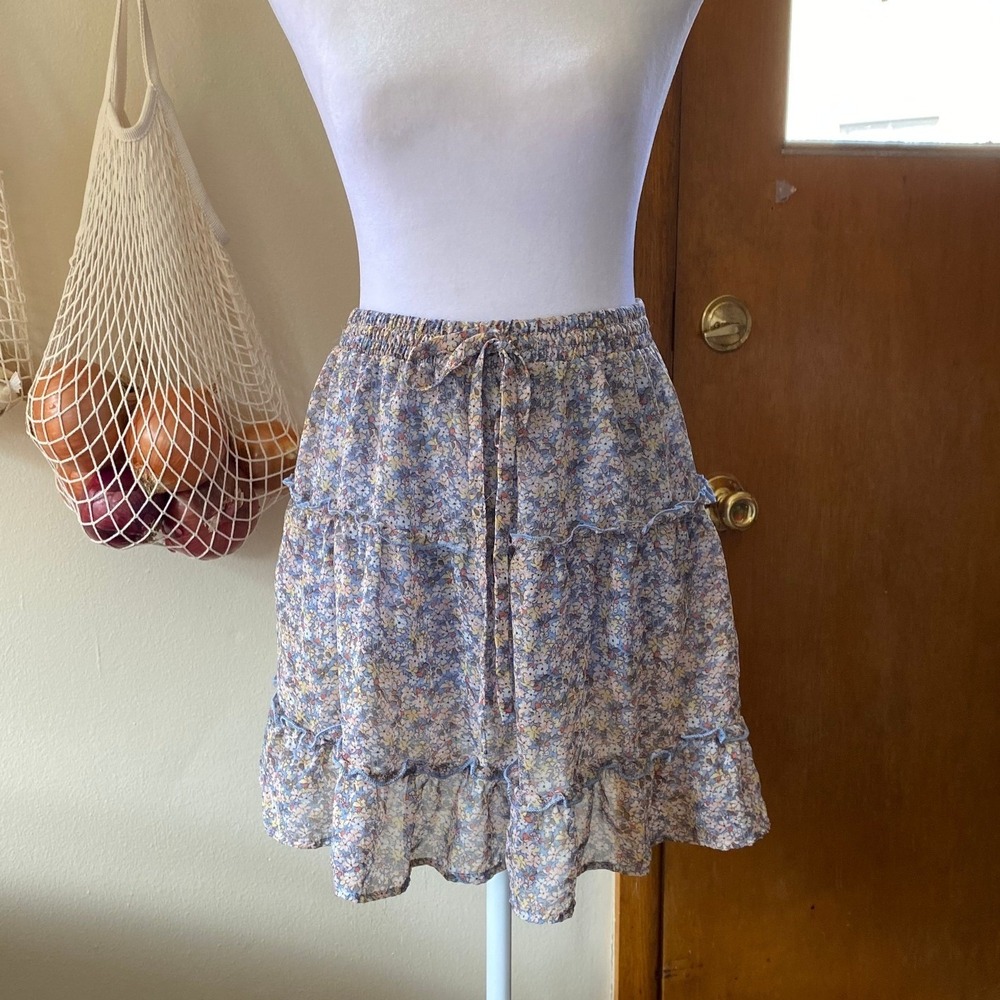 Floral Tiered Blue Mini Skirt Large Spring Femme Romantic Cottagecore Romantic